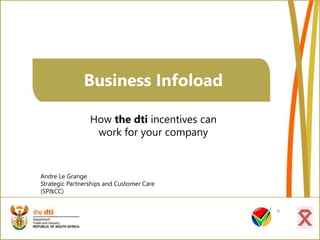 Business Infoload
How the dti incentives can
work for your company
Andre Le Grange
Strategic Partnerships and Customer Care
(SP&CC)
 