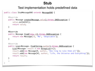 Stub
Test implementation holds predefined data
public class StubMessageDAO extends MessageDAO { 
    @Override
    public Message create(Message value) throws DAOException {
        value.setId(42l);
        return value;
    }
 
    @Override
    public Message find(long id) throws DAOException {
        return new Message(id, "Me", "Despicable");
    }
    @Override
    public List<Message> find(String author) throws DAOException {
        List<Message> result = new ArrayList<>();
        result.add(new Message(9, author, "One ring to rule them all"));
        result.add(new Message(42, author, "Life, the Universe and Everything"));
        return result;
    }
    …
}
 