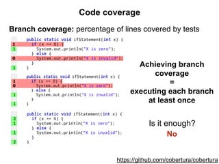 Code coverage
Branch coverage: percentage of lines covered by tests
https://github.com/cobertura/cobertura
Achieving branch
coverage  
=  
executing each branch
at least once
Is it enough?
No
 