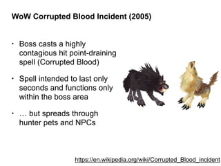 WoW Corrupted Blood Incident (2005)
• Boss casts a highly
contagious hit point-draining
spell (Corrupted Blood)
https://en.wikipedia.org/wiki/Corrupted_Blood_incident
• Spell intended to last only
seconds and functions only
within the boss area
• … but spreads through
hunter pets and NPCs
 