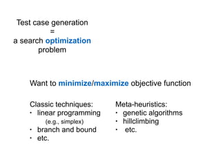 Test case generation 
= 
a search optimization
problem
Want to minimize/maximize objective function
Classic techniques:
• linear programming  
(e.g., simplex)
• branch and bound
• etc.
Meta-heuristics:
• genetic algorithms
• hillclimbing
• etc.
 