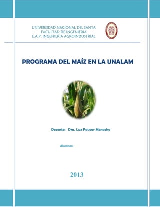 UNIVERSIDAD NACIONAL DEL SANTA
FACULTAD DE INGENIERIA
E.A.P. INGENIERIA AGROINDUSTRIAL

PROGRAMA DEL MAÍZ EN LA UNALAM

Docente: Dra. Luz Paucar Menacho

Alumnos:

2013

 