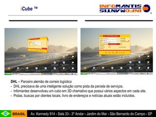 i Cube  ™ DHL  – Parceiro alemão de correio logístico -  DHL precisava de uma inteligente solução como pista da parcela de serviços. -  Infomantes desenvolveu um cubo em 3D chamativo que possui vários aspectos em cada site. -  Pistas, buscas por clientes locais, livro de endereços e notícias atuais estão incluídos. 