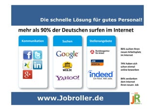 Die schnelle Lösung für gutes Personal!
mehr als 90% der Deutschen surfen im Internet
StellenangeboteSuchenKommunikation
86% suchen Ihren
neuen Arbeitsplatz
im Internet
74% haben sich
schon einmal
online beworben
84% verdanken
dem Internet
Ihren neuen Job
www.Jobroller.de
 