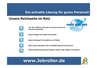 Die schnelle Lösung für gutes Personal!
Unsere Reichweite im Netz
mtl. über 2 Millionen Besucher auf unserem Portal und
den Partnerwebseiten
Eigene Fanpage und Gruppe auf Facebook
Eigene Handyapp für Smartphones und Tablets
Dank sozialer Netzwerke mehr als 100.000 regionale Interessenten
Aktive Stellenbewerbung auf Facebook, Twitter, Xing, Google+ und LinkedIn
www.Jobroller.de
 