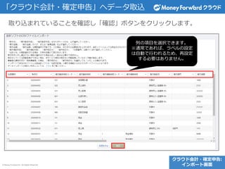 © Money Forward Inc. All Rights Reserved
取り込まれていることを確認し「確認」ボタンをクリックします。
「クラウド会計・確定申告」へデータ取込
クラウド会計・確定申告:
インポート画面
列の項目を選択できます。
※通常であれば、ラベルの設定
は自動で行われるため、再設定
する必要はありません。
 