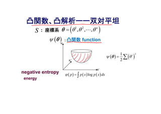 凸関数、凸解析ーー双対平坦
S : 座標系  1 2
, , , n
   
   : 凸関数 function
negative entropy
     logp p x p x dx  energy
   
21
2
i
  
 