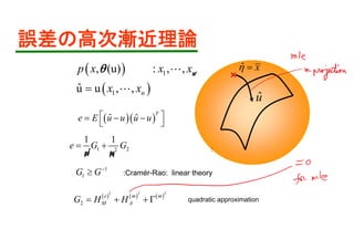 誤差の高次漸近理論誤差の高次漸近理論
 
 
1
1
, (u) : , ,
ˆu u , ,
n
n
p x x x
x x



  ˆ ˆ
T
e E u u u u   
 
1 22
1 1
e G G
n n
 
1
1G G
 :Cramér-Rao: linear theory
     2 2 2
2
e m m
M AG H H   
:
ˆu
ˆ x 
quadratic approximation
 