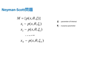 Neyman‐Scott問題
1 1
2 2
{ ( , , )}
( , , )
( , , )
( , , )N N
M p x
x p x
x p x
x p x
 
 
 
 




u:  parameter of interest
v:  nuisance parameter
 