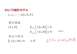  
   
 
 
'
1 2
,
,
, , , ,
, , 0
, 0
ˆ, 0
Z
Z
i
x x p x Z
f x E f x
E f x
f x



 

 
  
  
  
 
推 定 関
定
数
推 方 程 式
セミパラ統計モデル
 
