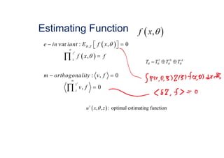 Estimating Function  ,f x 
I N A
T T T T     
 , , : optimal estimating functionI
u x z
 
 
,var : , 0
,
: , 0
, 0
Z
z
z
z
z
e in iant E f x
f x f
m orthogonality v f
v f
 



   

 



m
e
 
