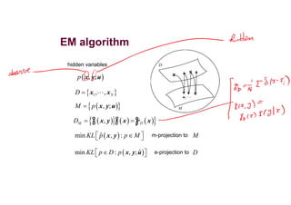 EM algorithm
hidden variables
 , ;p x y u
 1, , ND  x x
  , ;M p x y u
      ,M DD p p p x y x x
 ˆmin , :KL p p M  x y m-projection to M
De-projection to ˆmin : , ;KL p D p  x y u
 