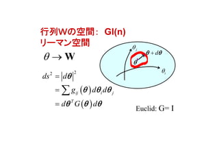 行列Ｗの空間： Gl(n)
リーマン空間
 
 
22
ij i j
T
ds d
g d d
d G d





  
  
j

i
d 
  W
Euclid: G= I
 