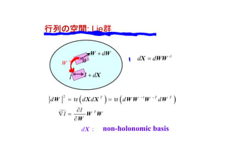 行列の空間: Lie群
-1
d dX WW
   

2 1
tr trT T T
T
d d d d d
l
l
 
 

 

W X X W W W W
W W
W
:dX
I I d X
W
dW W
non-holonomic basis
1
W 
 