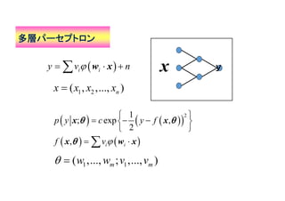 多層パーセプトロン
 i iy v n   w x
    
   
21
; exp ,
2
, i i
p y c y f
f v
 
   
 
 
x x
x w x
 

x ｙ
1 2( , ,..., )nx x x x
1 1( ,..., ; ,..., )m mw w v v 
 