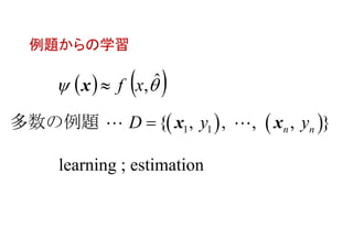 例題からの学習
    ˆ,xfx
   1 1{ , , , , }n nD y y 多数の例題 x x
learning ; estimation
 