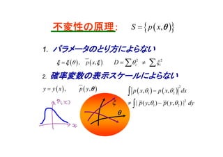 不変性の原理：不変性の原理：   ,S p x 
1. パラメータのとり方によらない
   , ,p x  
2. 確率変数の表示スケールによらない
   , ,y y x p y 

   
2
1 2
2
1 2
, ,
| ( , ) ( , ) |
p x p x dx
p y p y dy
 
 

 


2 2
i iD    

 