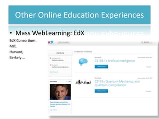 Other Online Education Experiences
• Mass WebLearning: EdX
EdX Consortium:
MIT,
Harvard,
Berkely …
 
