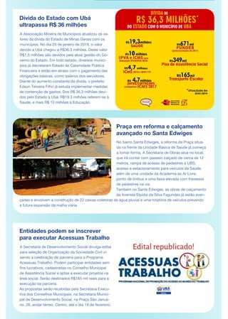 Dívida do Estado com Ubá
ultrapassa R$ 36 milhões
A Associação Mineira de Municípios atualizou os va-
lores da dívida do Estado de Minas Gerais com os
municípios. No dia 29 de janeiro de 2019, o valor
devido a Ubá chegou a R$36,3 milhões. Deste valor
R$1,5 milhões são devidos pela atual gestão do Go-
verno do Estado. Em todo estado, diversos municí-
pios já decretaram Estado de Calamidade Pública
Financeira e estão em atraso com o pagamento das
obrigações básicas, como salários dos servidores.
Diante do aumento constante da dívida, o prefeito
Edson Teixeira Filho já estuda implementar medidas
de contenção de gastos. Dos R$ 36,3 milhões devi-
dos pelo Estado à Ubá, R$19,3 milhões referem-se à
Saúde, e mais R$ 10 milhões à Educação.
Praça em reforma e calçamento
avançado no Santa Edwiges
Entidades podem se inscrever
para executar Acessuas Trabalho
A Secretaria de Desenvolvimento Social divulga edital
para seleção de Organização da Sociedade Civil vi-
sando a celebração de parceria para o Programa
Acessuas Trabalho. Podem participar entidades sem
fins lucrativos, cadastradas no Conselho Municipal
de Assistência Social e aptas a executar projetos na
área social. Serão destinados R$165 mil reais para a
execução da parceria.
As propostas serão recebidas pela Secretaria Execu-
tiva dos Conselhos Municipais, na Secretaria Munici-
pal de Desenvolvimento Social, na Praça São Januá-
rio, 28, andar térreo, Centro, até o dia 19 de fevereiro.
No bairro Santa Edwiges, a reforma da Praça situa-
da na frente da Unidade Básica de Saúde já começa
a tomar forma. A Secretaria de Obras atua no local,
que irá contar com passeio calçado de cerca de 12
metros, rampa de acesso de pedestres à UBS,
acesso e estacionamento para veículos da Saúde,
além de uma unidade da Academia ao Ar Livre,
ponto de ônibus e uma faixa elevada com travessia
de pedestres na via.
Também no Santa Edwiges, as obras de calçamento
da Avenida Elpídia da Silva Fagundes já estão avan-
çadas e envolvem a construção de 22 caixas coletoras de água pluvial e uma rotatória de veículos prevendo
a futura expansão da malha viária.
 