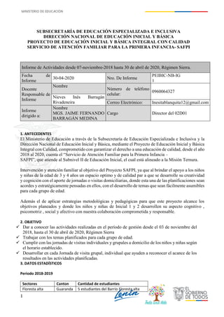 1
SUBSECRETARÍA DE EDUCACIÓN ESPECIALIZADA E INCLUSIVA
DIRECCIÓN NACIONAL DE EDUCACIÓN INICIAL Y BÁSICA
PROYECTO DE EDUCACIÓN INICIAL Y BÁSICA INTEGRAL CON CALIDAD
SERVICIO DE ATENCIÓN FAMILIAR PARA LA PRIMERA INFANCIA- SAFPI
1. ANTECEDENTES
El Ministerio de Educación a través de la Subsecretaría de Educación Especializada e Inclusiva y la
Dirección Nacional de Educación Inicial y Básica, mediante el Proyecto de Educación Inicial y Básica
Integral con Calidad, comprometido con garantizar el derecho a una educación de calidad, desde el año
2018 al 2020, cuenta el “Servicio de Atención Familiar para la Primera Infancia –
SAFPI”, que atiende al Subnivel II de Educación Inicial, el cual está alineado a la Misión Ternura.
Intervención y atención familiar al objetivo del Proyecto SAFPI, ya que al brindar el apoyo a los niños
y niñas de la edad de 3 y 4 años un espacio optimo y de calidad par a que se desarrolle su creatividad
y cognición con el aporte de jornadas o visitas domiciliarias, donde esta una de las planificaciones sean
acordes y estratégicamente pensadas en ellos, con el desarrollo de temas que sean fácilmente asumibles
para cada grupo de edad.
Además el de aplicar estrategias metodológicas y pedagógicas para que este proyecto alcance los
objetivos planeados y donde los niños y niñas de Inicial 1 y 2 desarrollen su aspecto cognitivo ,
psicomotriz , social y afectivo con nuestra colaboración comprometida y responsable.
2. OBJETIVO
 Dar a conocer las actividades realizadas en el período de gestión desde el 03 de noviembre del
2018, hasta el 30 de abril de 2020, Régimen Sierra
 Trabajar con los temas planificados para cada grupo de edad.
 Cumplir con las jornadas de visitas individuales y grupales a domicilio de los niños y niñas según
el horario establecido.
 Desarrollar en cada Jornada de visita grupal, individual que ayuden a reconocer el acance de los
resultados en las actividades planificadas.
3. DATOS ESTADÍSTICOS
Periodo 2018-2019
Sectores Canton Cantidad de estudiantes
Floresta alta Guaranda 5 estudiantes del Barrio Floresta alta
Informe de Actividades desde 07-noviembre-2018 hasta 30 de abril de 2020, Régimen Sierra.
Fecha de
Informe
30-04-2020 Nro. De Informe
PEIBIC-NB-IG
1
Docente
Responsable de
Informe
Nombre
Número de teléfono
celular:
0960064327
Nieves Inés Barragán
Rivadeneira Correo Electrónico: Inesitablanquita12@gmail.com
Informe
dirigido a:
Nombre
MGS. JAIME FERNANDO
BARRAGÁN MEDINA
Cargo Director del 02D01
 