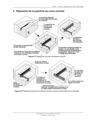 Dra. Tania Croston de Caplier

C Reparación de la superficie con acero corroído
   10B




                    Figura C.1 Preparación del acero de refuerzo corroído.




 Figura C.2 Preparación del acero de refuerzo corroído, cuando la barra inferior se ve afectada.




                                Informe del Inmueble Indigo
                                     Página 16 de 26
 