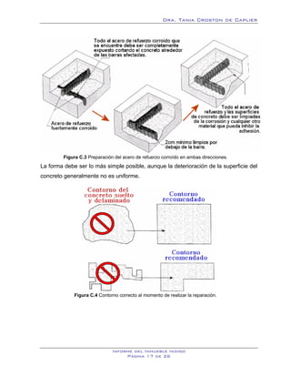 Dra. Tania Croston de Caplier




         Figura C.3 Preparación del acero de refuerzo corroído en ambas direcciones.
La forma debe ser lo más simple posible, aunque la deterioración de la superficie del
concreto generalmente no es uniforme.




             Figura C.4 Contorno correcto al momento de realizar la reparación.




                               Informe del Inmueble Indigo
                                    Página 17 de 26
 