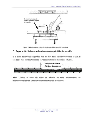 Dra. Tania Croston de Caplier




            Figura E.6 Representación gráfica de reparación profunda completa.

F Reparación del acero de refuerzo con pérdida de sección
   13B




Si el acero de refuerzo ha perdido más del 25% de su sección transversal (o 20% si
son dos o más barras afectadas), es necesario reparar el acero de refuerzo.




Nota: Cuando el daño del acero de refuerzo no tiene recubrimiento, es
recomendable realizar una evaluación estructural de la situación.




                             Informe del Inmueble Indigo
                                  Página 25 de 26
 