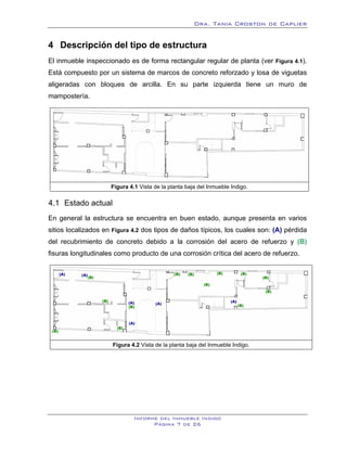 Dra. Tania Croston de Caplier


4 Descripción del tipo de estructura
    4B




El inmueble inspeccionado es de forma rectangular regular de planta (ver Figura 4.1).
                                                                                   X   X




Está compuesto por un sistema de marcos de concreto reforzado y losa de viguetas
aligeradas con bloques de arcilla. En su parte izquierda tiene un muro de
mampostería.




                     Figura 4.1 Vista de la planta baja del Inmueble Indigo.

4.1 Estado actual
         15B




En general la estructura se encuentra en buen estado, aunque presenta en varios
sitios localizados en Figura 4.2 dos tipos de daños típicos, los cuales son: (A) pérdida
                     X             X




del recubrimiento de concreto debido a la corrosión del acero de refuerzo y (B)
fisuras longitudinales como producto de una corrosión crítica del acero de refuerzo.




                         Figura 4.2 Vista de la planta baja del Inmueble Indigo.




                                 Informe del Inmueble Indigo
                                       Página 7 de 26
 