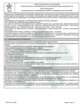 Modelo de
Mejora
LÍNEA TECNOLÓGICA DEL PROGRAMA
TECNOLOGÍAS DE LA INFORMACIÓN Y LAS COMUNICACIONES GESTIÓN DE LA
RED TECNOLÓGICA
TECNOLOGÍAS DE LA INFORMACIÓN, DISEÑO Y DESARROLLO DE SOFTWARE
REDES WAN: CARACTERÍSTICAS. DISEÑO. ESTÁNDARES. EQUIPOS DE CONECTIVIDAD (CARACTERÍSTICAS,
COMPONENTES HARDWARE Y SOFTWARE, CONFIGURACIÓN, ADMINISTRACIÓN (DIAGNÓSTICO DE FALLAS,
ACTUALIZACIÓN DE HARDWARE Y SOFTWARE, CONTROL DE ACCESO, OTROS) Y SEGURIDAD). PROTOCOLOS
TCP/IP.
HERRAMIENTAS DE ANÁLISIS Y DIAGNÓSTICO DE TRÁFICO DE RED, SNIFFERS.
NAT: CONCEPTO, PARÁMETROS DE CONFIGURACIÓN.
CALIDAD DE SERVICIO: IMPLEMENTACIÓN, ADMINISTRACIÓN DE LA CONGESTIÓN, ADMINISTRACIÓN DE
COLAS, FLUJO Y MANTENIMIENTO DE TRÁFICO, ADMINISTRACIÓN DE SERVICIOS Y POLÍTICAS,
HERRAMIENTAS DE ADMINISTRACIÓN, PROTOCOLOS (QOS, TOS, OTROS).
SOFTWARE DE SIMULACIÓN DE REDES: GENERALIDADES. CARACTERÍSTICAS. CLASES. OPERACIÓN,
PAQUETES.
DOCUMENTACIÓN TÉCNICA: NORMAS. TÉCNICAS COMUNICACIÓN (ORAL Y ESCRITA).
SEGURIDAD EN EL LUGAR DE TRABAJO: SEGURIDAD E HIGIENE EN LA INSTALACIÓN. ACCIDENTES DE
TRABAJO. AMBIENTES PELIGROSOS. PREVENCIÓN DE ACCIDENTES Y LESIONES. PRIMEROS AUXILIOS.
FUNDAMENTOS DE ERGONOMÍA. USO DE EXTINTORES DE INCENDIOS.
3.2. CONOCIMIENTOS DE PROCESO
INTERPRETAR LOS REQUERIMIENTOS DEL PROYECTO Y LOS PLANOS DE RED,
SELECCIONAR LOS EQUIPOS ACTIVOS DE INTERCONEXIÓN Y MEDIOS DE TRANSMISIÓN NECESARIOS DEL
DISEÑO.
ALISTAR LOS EQUIPOS ACTIVOS DE RED, HERRAMIENTAS Y ELEMENTOS,
CONFIGURAR LOS EQUIPOS ACTIVOS SEGÚN EL DISEÑO.
PROBAR EL FUNCIONAMIENTO E INTERCONEXIÓN DE LOS EQUIPOS.
DETECTAR FALLAS O ANOMALÍAS EN EL DISEÑO.
ESTABLECER PATRONES DE CALIDAD DE SERVICIO EN LOS DIFERENTES NIVELES DE LA RED.
IMPLEMENTAR CONTROLES
REALIZAR EL ANÁLISIS DE LA RED.
VISUALIZAR TENDENCIAS DE RENDIMIENTOS, UTILIZACIÓN Y CALIDAD DE SERVICIO.
VERIFICAR Y AJUSTAR LOS PARÁMETROS DE HARDWARE Y/O DE SOFTWARE.
SIMULAR DISEÑOS DE RED.
DIAGNOSTICAR FALLAS DEL FUNCIONAMIENTO DE LA RED.
ELABORAR BITÁCORA DEL SISTEMA, INVENTARIOS Y DOCUMENTACIÓN TÉCNICA DE LA CONFIGURACIÓN Y
ACTUALIZACIÓN DE EQUIPOS ACTIVOS.
4. CRITERIOS DE EVALUACIÓN
ELABORA LISTADOS DE LOS EQUIPOS ACTIVOS Y MEDIOS DE TRANSMISIÓN REQUERIDOS EN EL DISEÑO.
RECONOCE LAS TOPOLOGÍAS FÍSICAS Y LÓGICAS DE LA RED Y DISPONE LOS EQUIPOS ACTIVOS DE
ACUERDO CON EL DISEÑO, TENIENDO COMO BASE EL MODELO DE REFERENCIA Y APLICANDO LAS NORMAS
TÉCNICAS DE SEGURIDAD E HIGIENE VIGENTES
ESTABLECE LAS DIFERENCIAS Y RELACIÓN ENTRE LAS DIRECCIONES MAC, DIRECCIONES IP Y LOS NÚMEROS
DE LOS PUERTOS PARA REALIZAR LAS CONFIGURACIONES NECESARIAS DEL DISEÑO.
DISEÑAR UN ESQUEMA DE SUBREDES Y DIRECCIONAMIENTO BASADO EN LA TOPOLOGÍA DEL DISEÑO DE LA
RED PARA LA SEGMENTACIÓN.
DESCRIBE LAS CARACTERÍSTICAS BÁSICAS DE LOS PROTOCOLOS DE ENRUTAMIENTO Y CONMUTACIÓN.,
CONFIGURA RUTAS ESTÁTICAS, DINÁMICAS Y RUTAS POR DEFECTO PARA OPTIMIZAR EL TRÁFICO DE DATOS.
Página 12 de 342/07/14 01:51 PM
 