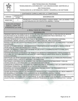 Modelo de
Mejora
LÍNEA TECNOLÓGICA DEL PROGRAMA
TECNOLOGÍAS DE LA INFORMACIÓN Y LAS COMUNICACIONES GESTIÓN DE LA
RED TECNOLÓGICA
TECNOLOGÍAS DE LA INFORMACIÓN, DISEÑO Y DESARROLLO DE SOFTWARE
1. CONTENIDOS CURRICULARES DE LA COMPETENCIA
DENOMINACIÓNCÓDIGO:
240201500
VERSIÓN DE
LA NCL
1
2. RESULTADOS DE APRENDIZAJE
PROMOVER LA INTERACCIÓN IDÓNEA CONSIGO MISMO, CON LOS DEMÁS Y CON
LA NATURALEZA EN LOS CONTEXTOS LABORAL Y SOCIAL
DURACIÓN ESTIMADA
PARA EL LOGRO DEL
APRENDIZAJE (en horas)
0 horas
DENOMINACIÓN
GENERAR HÁBITOS SALUDABLES EN SU ESTILO DE VIDA PARA GARANTIZAR LA PREVENCIÓN DE RIESGOS
OCUPACIONALES DE ACUERDO CON EL DIAGNÓSTICO DE SU CONDICIÓN FÍSICA INDIVIDUAL Y LA
NATURALEZA Y COMPLEJIDAD DE SU DESEMPEÑO LABORAL.
APLICAR TÉCNICAS DE CULTURA FÍSICA PARA EL MEJORAMIENTO DE SU EXPRESIÓN CORPORAL,
DESEMPEÑO LABORAL SEGÚN LA NATURALEZA Y COMPLEJIDAD DEL ÁREA OCUPACIONAL.
INTERACTUAR EN LOS CONTEXTOS PRODUCTIVOS Y SOCIALES EN FUNCIÓN DE LOS PRINCIPIOS Y VALORES
UNIVERSALES.
ASUMIR ACTITUDES CRÍTICAS , ARGUMENTATIVAS Y PROPOSITIVAS EN FUNCIÓN DE LA RESOLUCIÓN DE
PROBLEMAS DE CARÁCTER PRODUCTIVO Y SOCIAL.
ASUMIR LOS DEBERES Y DERECHOS CON BASE EN LAS LEYES Y LA NORMATIVA INSTITUCIONAL EN EL
MARCO DE SU PROYECTO DE VIDA.
GENERAR PROCESOS AUTÓNOMOS Y DE TRABAJO COLABORATIVO PERMANENTES, FORTALECIENDO EL
EQUILIBRIO DE LOS COMPONENTES RACIONALES Y EMOCIONALES ORIENTADOS HACIA EL DESARROLLO
HUMANO INTEGRAL.
IDENTIFICAR LAS OPORTUNIDADES QUE EL SENA OFRECE EN EL MARCO DE LA FORMACIÓN PROFESIONAL
DE ACUERDO CON EL CONTEXTO NACIONAL E INTERNACIONAL.
GESTIONAR LA INFORMACIÓN DE ACUERDO CON LOS PROCEDIMIENTOS ESTABLECIDOS Y CON LAS
TECNOLOGÍAS DE LA INFORMACIÓN Y LA COMUNICACIÓN DISPONIBLES.
CONCERTAR ALTERNATIVAS Y ACCIONES DE FORMACIÓN PARA EL DESARROLLO DE LAS COMPETENCIAS DEL
PROGRAMA FORMACIÓN, CON BASE EN LA POLÍTICA INSTITUCIONAL.
DESARROLLAR PERMANENTEMENTE LAS HABILIDADES PSICOMOTRICES Y DE PENSAMIENTO EN LA
EJECUCIÓN DE LOS PROCESOS DE APRENDIZAJE.
ASUMIR RESPONSABLEMENTE LOS CRITERIOS DE PRESERVACIÓN Y CONSERVACIÓN DEL MEDIO AMBIENTE Y
DE DESARROLLO SOSTENIBLE, EN EL EJERCICIO DE SU DESEMPEÑO LABORAL Y SOCIAL.
DESARROLLAR PROCESOS COMUNICATIVOS EFICACES Y ASERTIVOS DENTRO DE CRITERIOS DE
RACIONALIDAD QUE POSIBILITEN LA CONVIVENCIA, EL ESTABLECIMIENTO DE ACUERDOS, LA CONSTRUCCIÓN
COLECTIVA DEL CONOCIMIENTO Y LA RESOLUCIÓN DE PROBLEMAS DE CARÁCTER PRODUCTIVO Y SOCIAL.
Página 20 de 342/07/14 01:51 PM
 