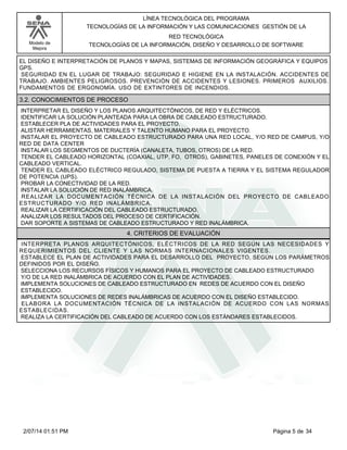 Modelo de
Mejora
LÍNEA TECNOLÓGICA DEL PROGRAMA
TECNOLOGÍAS DE LA INFORMACIÓN Y LAS COMUNICACIONES GESTIÓN DE LA
RED TECNOLÓGICA
TECNOLOGÍAS DE LA INFORMACIÓN, DISEÑO Y DESARROLLO DE SOFTWARE
EL DISEÑO E INTERPRETACIÓN DE PLANOS Y MAPAS, SISTEMAS DE INFORMACIÓN GEOGRÁFICA Y EQUIPOS
GPS.
SEGURIDAD EN EL LUGAR DE TRABAJO: SEGURIDAD E HIGIENE EN LA INSTALACIÓN. ACCIDENTES DE
TRABAJO. AMBIENTES PELIGROSOS. PREVENCIÓN DE ACCIDENTES Y LESIONES. PRIMEROS AUXILIOS.
FUNDAMENTOS DE ERGONOMÍA. USO DE EXTINTORES DE INCENDIOS.
3.2. CONOCIMIENTOS DE PROCESO
INTERPRETAR EL DISEÑO Y LOS PLANOS ARQUITECTÓNICOS, DE RED Y ELÉCTRICOS.
IDENTIFICAR LA SOLUCIÓN PLANTEADA PARA LA OBRA DE CABLEADO ESTRUCTURADO.
ESTABLECER PLA DE ACTIVIDADES PARA EL PROYECTO.
ALISTAR HERRAMIENTAS, MATERIALES Y TALENTO HUMANO PARA EL PROYECTO.
INSTALAR EL PROYECTO DE CABLEADO ESTRUCTURADO PARA UNA RED LOCAL, Y/O RED DE CAMPUS, Y/O
RED DE DATA CENTER
INSTALAR LOS SEGMENTOS DE DUCTERÍA (CANALETA, TUBOS, OTROS) DE LA RED.
TENDER EL CABLEADO HORIZONTAL (COAXIAL, UTP, FO, OTROS), GABINETES, PANELES DE CONEXIÓN Y EL
CABLEADO VERTICAL.
TENDER EL CABLEADO ELÉCTRICO REGULADO, SISTEMA DE PUESTA A TIERRA Y EL SISTEMA REGULADOR
DE POTENCIA (UPS).
PROBAR LA CONECTIVIDAD DE LA RED.
INSTALAR LA SOLUCIÓN DE RED INALÁMBRICA.
REALIZAR LA DOCUMENTACIÓN TÉCNICA DE LA INSTALACIÓN DEL PROYECTO DE CABLEADO
ESTRUCTURADO Y/O RED INALÁMBRICA.
REALIZAR LA CERTIFICACIÓN DEL CABLEADO ESTRUCTURADO.
ANALIZAR LOS RESULTADOS DEL PROCESO DE CERTIFICACIÓN.
DAR SOPORTE A SISTEMAS DE CABLEADO ESTRUCTURADO Y RED INALÁMBRICA.
4. CRITERIOS DE EVALUACIÓN
INTERPRETA PLANOS ARQUITECTÓNICOS, ELÉCTRICOS DE LA RED SEGÚN LAS NECESIDADES Y
REQUERIMIENTOS DEL CLIENTE Y LAS NORMAS INTERNACIONALES VIGENTES.
ESTABLECE EL PLAN DE ACTIVIDADES PARA EL DESARROLLO DEL PROYECTO, SEGÚN LOS PARÁMETROS
DEFINIDOS POR EL DISEÑO.
SELECCIONA LOS RECURSOS FÍSICOS Y HUMANOS PARA EL PROYECTO DE CABLEADO ESTRUCTURADO
Y/O DE LA RED INALÁMBRICA DE ACUERDO CON EL PLAN DE ACTIVIDADES.
IMPLEMENTA SOLUCIONES DE CABLEADO ESTRUCTURADO EN REDES DE ACUERDO CON EL DISEÑO
ESTABLECIDO.
IMPLEMENTA SOLUCIONES DE REDES INALÁMBRICAS DE ACUERDO CON EL DISEÑO ESTABLECIDO.
ELABORA LA DOCUMENTACIÓN TÉCNICA DE LA INSTALACIÓN DE ACUERDO CON LAS NORMAS
ESTABLECIDAS.
REALIZA LA CERTIFICACIÓN DEL CABLEADO DE ACUERDO CON LOS ESTÁNDARES ESTABLECIDOS.
Página 5 de 342/07/14 01:51 PM
 