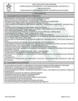LÍNEA TECNOLÓGICA DEL PROGRAMA
TECNOLOGÍAS DE LA INFORMACIÓN Y LAS COMUNICACIONES GESTIÓN DE LA
Modelo de
Mejora
RED TECNOLÓGICA
TECNOLOGÍAS DE LA INFORMACIÓN, DISEÑO Y DESARROLLO DE SOFTWARE
3. CONOCIMIENTOS
3.1. CONOCIMIENTOS DE CONCEPTOS Y PRINCIPIOS
MANTENIMIENTO: DEFINICIONES, CLASIFICACIÓN, TÉCNICAS Y PLANES.
ARQUITECTURA DEL HARDWARE DE LOS EQUIPOS DE CÓMPUTO.
DIAGRAMA DE BLOQUES: CONCEPTO, CLASIFICACIÓN Y TÉCNICAS DE ELABORACIÓN.
CONCEPTOS DE: CONECTORES, RANURAS DE EXPANSIÓN, SOCKETS.
COMPONENTES ELECTRÓNICOS: MÉTODOS DE ANÁLISIS Y OPERACIONES BÁSICAS DE MATEMÁTICAS Y
FÍSICAS.
HERRAMIENTAS DE DIAGNÓSTICO SOFTWARE: TIPOS, APLICACIÓN.
COMPONENTES ELECTRÓNICOS ANÁLOGOS Y DIGITALES: CARACTERÍSTICAS Y CLASIFICACIÓN.
MEDICIONES ELECTRÓNICAS: TIPOS Y MÉTODOS.
CIRCUITOS BÁSICOS ELECTRÓNICOS: CONCEPTOS, CARACTERÍSTICAS Y OPERACIONES.
HERRAMIENTAS DE TRABAJO: TIPOS, CLASIFICACIÓN, USOS.
MANEJO OPERACIONAL BÁSICO DE INFORMACIÓN EN EQUIPOS DE COMPUTO.
INSTALACIÓN, MANEJO, OPERACIÓN Y ARRANQUE DE DIFERENTES SISTEMAS OPERATIVOS (DOS, WIN 9.X,
WIN NT, WIN XP, WIN VISTA, LINUX, UNÍX)
INSTALACIÓN DE PROGRAMAS DE APLICACIÓN OFIMÁTICOS, ANTIVIRUS ENTRE OTROS, BAJO WINDOWS Y
LINUX.
REVISIÓN DE DISPOSITIVOS DESDE LAS UTILIDADES DEL SISTEMA OPERATIVO.
CONOCIMIENTOS BÁSICOS DE ELECTRICIDAD: CONCEPTO DE CORRIENTE ELÉCTRICA, VOLTAJE, POTENCIA,
ALIMENTACIÓN AC Y DC, POLO A TIERRA, ELECTRICIDAD ESTÁTICA.
PLANOS DE INSTALACIÓN: TÉCNICAS DE INTERPRETACIÓN EN ESPAÑOL E INGLÉS.
SEGURIDAD INDUSTRIAL: NORMAS DE SEGURIDAD PARA EQUIPOS, NORMAS DE SEGURIDAD PARA USUARIOS
EN ESPAÑOL E INGLÉS.
PRODUCTOS QUÍMICOS: CARACTERÍSTICAS, USOS Y APLICACIONES.
UTILIZACIÓN DE LOS EQUIPOS DE LIMPIEZA EN ESPAÑOL E INGLÉS.
EFECTOS DE LA CORROSIÓN Y ACUMULACIÓN DE RESIDUOS SÓLIDOS EN LAS SUPERFICIES DE CONTACTO
ELÉCTRICO.
IT ESSENTIALS I.
MÉTODOS DE RESOLUCIÓN DE PROBLEMAS TÉCNICOS: PROCEDIMIENTOS, VARIABLES TOMA DE
DECISIONES.
3.2. CONOCIMIENTOS DE PROCESO
SELECCIONAR LOS EQUIPOS Y HERRAMIENTAS NECESARIOS SEGÚN EL MANTENIMIENTO A REALIZAR
VERIFICAR EL ESTADO DEL SITIO DE TRABAJO (ELÉCTRICO, ILUMINACIÓN, SEGURIDAD)
VERIFICAR EL FUNCIONAMIENTO DE EQUIPOS DE CÓMPUTO
APLICAR NORMAS DE HIGIENE Y SEGURIDAD INDUSTRIAL PARA EL TRATAMIENTO DE EQUIPOS Y MÓDULOS
COMPONENTES.
DESENSAMBLAR EQUIPOS DE CÓMPUTO ORDENADAMENTE.
ENSAMBLAR EQUIPOS DE CÓMPUTO ORDENADAMENTE
INSTALAR/ACTUALIZAR SISTEMAS OPERATIVOS
INSTALAR/DESINSTALAR/ACTUALIZAR SOFTWARE DE APLICACIÓN
INSTALAR/DESINSTALAR CONTROLADORES
INSTALAR/DESINSTALAR/ACTUALIZAR SOFTWARE ANTIVIRUS
UTILIZAR SOFTWARE DE DIAGNÓSTICO PARA EQUIPOS DE CÓMPUTO
Página 4 de 215/07/15 09:38 PM
 