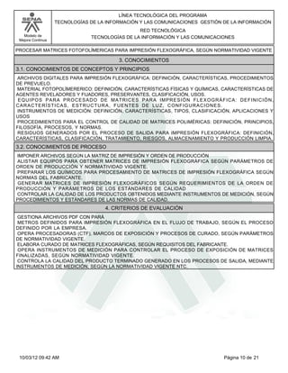 Modelo de
Mejora Continua
LÍNEA TECNOLÓGICA DEL PROGRAMA
TECNOLOGÍAS DE LA INFORMACIÓN Y LAS COMUNICACIONES GESTIÓN DE LA INFORMACIÓN
RED TECNOLÓGICA
TECNOLOGÍAS DE LA INFORMACIÓN Y LAS COMUNICACIONES
PROCESAR MATRICES FOTOFOLÍMERICAS PARA IMPRESIÓN FLEXOGRÁFICA, SEGÚN NORMATIVIDAD VIGENTE
ARCHIVOS DIGITALES PARA IMPRESIÓN FLEXOGRÁFICA: DEFINICIÓN, CARACTERÍSTICAS, PROCEDIMIENTOS
DE PREVUELO.
MATERIAL FOTOPOLÍMERERICO: DEFINICIÓN, CARACTERÍSTICAS FÍSICAS Y QUÍMICAS, CARACTERÍSTICAS DE
AGENTES REVELADORES Y FIJADORES, PRESERVANTES, CLASIFICACIÓN, USOS.
EQUIPOS PARA PROCESADO DE MATRICES PARA IMPRESIÓN FLEXOGRÁFICA: DEFINICIÓN,
CARACTERÍSTICAS, ESTRUCTURA, FUENTES DE LUZ, CONFIGURACIONES.
INSTRUMENTOS DE MEDICIÓN: DEFINICIÓN, CARACTERÍSTICAS, TIPOS, CLASIFICACIÓN, APLICACIONES Y
USOS
PROCEDIMIENTOS PARA EL CONTROL DE CALIDAD DE MATRICES POLIMÉRICAS: DEFINICIÓN, PRINCIPIOS,
FILOSOFÍA, PROCESOS, Y NORMAS.
RESIDUOS GENERADOS POR EL PROCESO DE SALIDA PARA IMPRESIÓN FLEXOGRÁFICA: DEFINICIÓN,
CARACTERÍSTICAS, CLASIFICACIÓN, TRATAMIENTO, RIESGOS, ALMACENAMIENTO Y PRODUCCIÓN LIMPIA.
3. CONOCIMIENTOS
3.1. CONOCIMIENTOS DE CONCEPTOS Y PRINCIPIOS
IMPONER ARCHIVOS SEGÚN LA MATRIZ DE IMPRESIÓN Y ORDEN DE PRODUCCIÓN
ALISTAR EQUIPOS PARA OBTENER MATRICES DE IMPRESIÓN FLEXOGRÁFICA SEGÚN PARÁMETROS DE
ORDEN DE PRODUCCIÓN Y NORMATIVIDAD VIGENTE.
PREPARAR LOS QUÍMICOS PARA PROCESAMIENTO DE MATRICES DE IMPRESIÓN FLEXOGRÁFICA SEGÚN
NORMAS DEL FABRICANTE.
GENERAR MATRICES DE IMPRESIÓN FLEXOGRÁFICOS SEGÚN REQUERIMIENTOS DE LA ORDEN DE
PRODUCCIÓN Y PARÁMETROS DE LOS ESTÁNDARES DE CALIDAD
CONTROLAR LA CALIDAD DE LOS PRODUCTOS OBTENIDOS MEDIANTE INSTRUMENTOS DE MEDICIÓN, SEGÚN
PROCEDIMIENTOS Y ESTÁNDARES DE LAS NORMAS DE CALIDAD.
3.2. CONOCIMIENTOS DE PROCESO
GESTIONA ARCHIVOS PDF CON PARÁ
METROS DEFINIDOS PARA IMPRESIÓN FLEXOGRÁFICA EN EL FLUJO DE TRABAJO, SEGÚN EL PROCESO
DEFINIDO POR LA EMPRESA.
OPERA PROCESADORAS (CTF), MARCOS DE EXPOSICIÓN Y PROCESOS DE CURADO, SEGÚN PARÁMETROS
DE NORMATIVIDAD VIGENTE.
ELABORA CURADO DE MATRICES FLEXOGRÁFICAS, SEGÚN REQUISITOS DEL FABRICANTE.
OPERA INSTRUMENTOS DE MEDICIÓN PARA CONTROLAR EL PROCESO DE EXPOSICIÓN DE MATRICES
FINALIZADAS, SEGÚN NORMATIVIDAD VIGENTE.
CONTROLA LA CALIDAD DEL PRODUCTO TERMINADO GENERADO EN LOS PROCESOS DE SALIDA, MEDIANTE
INSTRUMENTOS DE MEDICIÓN, SEGÚN LA NORMATIVIDAD VIGENTE NTC.
4. CRITERIOS DE EVALUACIÓN
Página 10 de 2110/03/12 09:42 AM
 