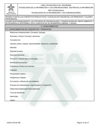Modelo de
Mejora Continua
LÍNEA TECNOLÓGICA DEL PROGRAMA
TECNOLOGÍAS DE LA INFORMACIÓN Y LAS COMUNICACIONES GESTIÓN DE LA INFORMACIÓN
RED TECNOLÓGICA
TECNOLOGÍAS DE LA INFORMACIÓN Y LAS COMUNICACIONES
INTERACTUAR EN LOS CONTEXTOS PRODUCTIVOS Y SOCIALES EN FUNCIÓN DE LOS PRINCIPIOS Y VALORES
UNIVERSALES.
ASUMIR RESPONSABLEMENTE LOS CRITERIOS DE PRESERVACIÓN Y CONSERVACIÓN DEL MEDIO AMBIENTE Y
DE DESARROLLO SOSTENIBLE, EN EL EJERCICIO DE SU DESEMPEÑO LABORAL Y SOCIAL.
· Relaciones interpersonales: Conceptos, tipología.
· Sociedad y Cultura: Concepto, relaciones
· Conceptos de:
· Libertad, justicia, respeto, responsabilidad, tolerancia y solidaridad
· Alteridad
· Dignidad humana
· Derechos Humanos
· Principios y Valores éticos universales
· Normas de convivencia
· Constitución Política de Colombia
· Criticidad
· Pensamiento creativo
· Inteligencias múltiples
· Formulación y Resolución de problemas
· Procesos de Interpretación, Argumentación y Proposición.
· Objetividad-Subjetividad-Intersubjetividad
· Toma de decisiones
· Asertividad
· Lógica
3. CONOCIMIENTOS
3.1. CONOCIMIENTOS DE CONCEPTOS Y PRINCIPIOS
Página 12 de 2110/03/12 09:42 AM
 