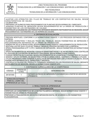 Modelo de
Mejora Continua
LÍNEA TECNOLÓGICA DEL PROGRAMA
TECNOLOGÍAS DE LA INFORMACIÓN Y LAS COMUNICACIONES GESTIÓN DE LA INFORMACIÓN
RED TECNOLÓGICA
TECNOLOGÍAS DE LA INFORMACIÓN Y LAS COMUNICACIONES
AJUSTAR LOS ATRIBUTOS DEL FLUJO DE TRABAJO DE LOS DISPOSITIVO DE SALIDA, SEGÚN
CARACTERÍSTICAS DE SALIDA.
CALIBRAR RIPS.
PREPARAR LOS QUÍMICOS PARA PROCESAMIENTO DE PLANCHAS SEGÚN NORMAS DEL FABRICANTE.
GENERAR PLANCHAS DE IMPRESIÓN SEGÚN REQUERIMIENTOS DE LA ORDEN DE PRODUCCIÓN Y
PARÁMETROS DE LOS ESTÁNDARES DE CALIDAD
CONTROLAR LA CALIDAD DE LOS PRODUCTOS OBTENIDOS MEDIANTE INSTRUMENTOS DE MEDICIÓN, SEGÚN
PROCEDIMIENTOS Y ESTÁNDARES DE LAS NORMAS DE CALIDAD.
PREPARA MONTAJES, CONFORME A LA NORMATIVIDAD VIGENTE Y LOS PROCESOS DEFINIDOS POR LA
EMPRESA.
ELABORA DERROTERO Y REALIZA TRAZO DEL TRABAJO, SEGÚN PARÁMETROS DE IMPRESIÓN Y
ENCUADERNACIÓN DEFINIDOS EN LA ORDEN DE PRODUCCIÓN.
GENERA PDF DE ALTA RESOLUCIÓN, SEGÚN NORMATIVIDAD VIGENTE Y REQUERIMIENTOS DE PRODUCCIÓN.
GESTIONA LOS PDF EN EL FLUJO DE TRABAJO, SEGÚN EL PROCESO DEFINIDO POR LA EMPRESA.
OPERA PROCESADORAS (CTF Y CTP) Y MARCOS DE EXPOSICIÓN , SEGÚN PARÁMETROS DE NORMATIVIDAD
VIGENTE.
OPERA INSTRUMENTOS DE MEDICIÓN Y ESCALAS DENSITOMÉTRICAS Y DE MICROLÍNEAS PARA CONTROLAR
EL PROCESO DE EXPOSICIÓN DE MATRICES FINALIZADAS, SEGÚN NORMATIVIDAD VIGENTE.
CORRIGE DEFECTOS DE PLANCHAS, SEGÚN PROCEDIMIENTOS DE LA EMPRESA Y PARÁMETROS DE CALIDAD.
GENERA Y APLICA UN PERFIL DE SALIDA PARA CTP DE ACUERDO CON EL SUSTRATO Y PRENSA A UTILIZAR.
UTILIZA PROGRAMAS PARA GENERAR PLANTILLAS DE IMPOSICIÓN PARA DAR LA SALIDA A PLANCHA, SEGÚN
PARÁMETROS DEFINIDOS EN EL DERROTERO Y MACHOTE.
CONTROLA LA CALIDAD DEL PRODUCTO TERMINADO GENERADO EN LOS PROCESOS DE SALIDA, MEDIANTE
INSTRUMENTOS DE MEDICIÓN, SEGÚN LA NORMATIVIDAD VIGENTE NTC.
4. CRITERIOS DE EVALUACIÓN
1. CONTENIDOS CURRICULARES DE LA COMPETENCIA
DENOMINACIÓNCÓDIGO:
291301055
VERSIÓN DE
LA NCL
1
2. RESULTADOS DE APRENDIZAJE
OBTENER MATRICES DE IMPRESIÓN FLEXOGRÁFICAS A PARTIR DE ARCHIVOS
APROBADOS.
DURACIÓN ESTIMADA
PARA EL LOGRO DEL
APRENDIZAJE (en horas)
144 horas
DENOMINACIÓN
VERIFICAR LAS CARACTERÍSTICAS DE LA MATRIZ POLIMÉRICA OBTENIDA, SEGÚN NORMATIVIDAD VIGENTE Y
PARÁMETROS DE ORDEN DE PRODUCCIÓN.
PREPARAR LA FINALIZACIÓN DE ARCHIVOS E IMPOSICIÓN DIGITAL DE ACUERDO A LOS PARÁMETROS
FLEXOGRÁFICOS.
Página 9 de 2110/03/12 09:42 AM
 