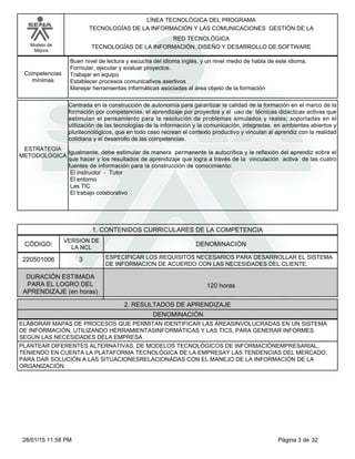 LÍNEA TECNOLÓGICA DEL PROGRAMA
TECNOLOGÍAS DE LA INFORMACIÓN Y LAS COMUNICACIONES GESTIÓN DE LA
Modelo de
Mejora
RED TECNOLÓGICA
TECNOLOGÍAS DE LA INFORMACIÓN, DISEÑO Y DESARROLLO DE SOFTWARE
Buen nivel de lectura y escucha del idioma inglés, y un nivel medio de habla de este idioma.
Formular, ejecutar y evaluar proyectos.
Trabajar en equipo
Establecer procesos comunicativos asertivos
Manejar herramientas informáticas asociadas al área objeto de la formación
Competencias
mínimas
Centrada en la construcción de autonomía para garantizar la calidad de la formación en el marco de la
formación por competencias, el aprendizaje por proyectos y el uso de técnicas didácticas activas que
estimulan el pensamiento para la resolución de problemas simulados y reales; soportadas en el
utilización de las tecnologías de la información y la comunicación, integradas, en ambientes abiertos y
pluritecnológicos, que en todo caso recrean el contexto productivo y vinculan al aprendiz con la realidad
cotidiana y el desarrollo de las competencias.
Igualmente, debe estimular de manera permanente la autocrítica y la reflexión del aprendiz sobre el
que hacer y los resultados de aprendizaje que logra a través de la vinculación activa de las cuatro
fuentes de información para la construcción de conocimiento:
El instructor - Tutor
El entorno
Las TIC
El trabajo colaborativo
ESTRATEGIA
METODOLÓGICA
1. CONTENIDOS CURRICULARES DE LA COMPETENCIA
DENOMINACIÓNCÓDIGO:
220501006
VERSIÓN DE
LA NCL
3
2. RESULTADOS DE APRENDIZAJE
ESPECIFICAR LOS REQUISITOS NECESARIOS PARA DESARROLLAR EL SISTEMA
DE INFORMACION DE ACUERDO CON LAS NECESIDADES DEL CLIENTE.
DURACIÓN ESTIMADA
PARA EL LOGRO DEL
APRENDIZAJE (en horas)
120 horas
DENOMINACIÓN
ELABORAR MAPAS DE PROCESOS QUE PERMITAN IDENTIFICAR LAS ÁREASINVOLUCRADAS EN UN SISTEMA
DE INFORMACIÓN, UTILIZANDO HERRAMIENTASINFORMÁTICAS Y LAS TICS, PARA GENERAR INFORMES
SEGÚN LAS NECESIDADES DELA EMPRESA
PLANTEAR DIFERENTES ALTERNATIVAS, DE MODELOS TECNOLÓGICOS DE INFORMACIÓNEMPRESARIAL,
TENIENDO EN CUENTA LA PLATAFORMA TECNOLÓGICA DE LA EMPRESAY LAS TENDENCIAS DEL MERCADO,
PARA DAR SOLUCIÓN A LAS SITUACIONESRELACIONADAS CON EL MANEJO DE LA INFORMACIÓN DE LA
ORGANIZACIÓN.
Página 3 de 3228/01/15 11:58 PM
 
