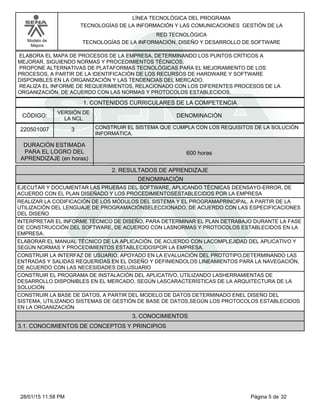 LÍNEA TECNOLÓGICA DEL PROGRAMA
TECNOLOGÍAS DE LA INFORMACIÓN Y LAS COMUNICACIONES GESTIÓN DE LA
Modelo de
Mejora
RED TECNOLÓGICA
TECNOLOGÍAS DE LA INFORMACIÓN, DISEÑO Y DESARROLLO DE SOFTWARE
ELABORA EL MAPA DE PROCESOS DE LA EMPRESA, DETERMINANDO LOS PUNTOS CRÍTICOS A
MEJORAR, SIGUIENDO NORMAS Y PROCEDIMIENTOS TÉCNICOS.
PROPONE ALTERNATIVAS DE PLATAFORMAS TECNOLÓGICAS PARA EL MEJORAMIENTO DE LOS
PROCESOS, A PARTIR DE LA IDENTIFICACIÓN DE LOS RECURSOS DE HARDWARE Y SOFTWARE
DISPONIBLES EN LA ORGANIZACIÓN Y LAS TENDENCIAS DEL MERCADO.
REALIZA EL INFORME DE REQUERIMIENTOS, RELACIONADO CON LOS DIFERENTES PROCESOS DE LA
ORGANIZACIÓN, DE ACUERDO CON LAS NORMAS Y PROTOCOLOS ESTABLECIDOS.
1. CONTENIDOS CURRICULARES DE LA COMPETENCIA
DENOMINACIÓNCÓDIGO:
220501007
VERSIÓN DE
LA NCL
3
2. RESULTADOS DE APRENDIZAJE
CONSTRUIR EL SISTEMA QUE CUMPLA CON LOS REQUISITOS DE LA SOLUCIÓN
INFORMÁTICA.
DURACIÓN ESTIMADA
PARA EL LOGRO DEL
APRENDIZAJE (en horas)
600 horas
DENOMINACIÓN
EJECUTAR Y DOCUMENTAR LAS PRUEBAS DEL SOFTWARE, APLICANDO TÉCNICAS DEENSAYO-ERROR, DE
ACUERDO CON EL PLAN DISEÑADO Y LOS PROCEDIMIENTOSESTABLECIDOS POR LA EMPRESA
REALIZAR LA CODIFICACIÓN DE LOS MÓDULOS DEL SISTEMA Y EL PROGRAMAPRINCIPAL, A PARTIR DE LA
UTILIZACIÓN DEL LENGUAJE DE PROGRAMACIÓNSELECCIONADO, DE ACUERDO CON LAS ESPECIFICACIONES
DEL DISEÑO
INTERPRETAR EL INFORME TÉCNICO DE DISEÑO, PARA DETERMINAR EL PLAN DETRABAJO DURANTE LA FASE
DE CONSTRUCCIÓN DEL SOFTWARE, DE ACUERDO CON LASNORMAS Y PROTOCOLOS ESTABLECIDOS EN LA
EMPRESA.
ELABORAR EL MANUAL TÉCNICO DE LA APLICACIÓN, DE ACUERDO CON LACOMPLEJIDAD DEL APLICATIVO Y
SEGÚN NORMAS Y PROCEDIMIENTOS ESTABLECIDOSPOR LA EMPRESA.
CONSTRUIR LA INTERFAZ DE USUARIO, APOYADO EN LA EVALUACIÓN DEL PROTOTIPO,DETERMINANDO LAS
ENTRADAS Y SALIDAS REQUERIDAS EN EL DISEÑO Y DEFINIENDOLOS LINEAMIENTOS PARA LA NAVEGACIÓN,
DE ACUERDO CON LAS NECESIDADES DELUSUARIO
CONSTRUIR EL PROGRAMA DE INSTALACIÓN DEL APLICATIVO, UTILIZANDO LASHERRAMIENTAS DE
DESARROLLO DISPONIBLES EN EL MERCADO, SEGÚN LASCARACTERÍSTICAS DE LA ARQUITECTURA DE LA
SOLUCIÓN
CONSTRUIR LA BASE DE DATOS, A PARTIR DEL MODELO DE DATOS DETERMINADO ENEL DISEÑO DEL
SISTEMA, UTILIZANDO SISTEMAS DE GESTIÓN DE BASE DE DATOS,SEGÚN LOS PROTOCOLOS ESTABLECIDOS
EN LA ORGANIZACIÓN
3. CONOCIMIENTOS
3.1. CONOCIMIENTOS DE CONCEPTOS Y PRINCIPIOS
Página 5 de 3228/01/15 11:58 PM
 