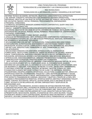 LÍNEA TECNOLÓGICA DEL PROGRAMA
TECNOLOGÍAS DE LA INFORMACIÓN Y LAS COMUNICACIONES GESTIÓN DE LA
Modelo de
Mejora
RED TECNOLÓGICA
TECNOLOGÍAS DE LA INFORMACIÓN, DISEÑO Y DESARROLLO DE SOFTWARE
INFORME TÉCNICO DE DISEÑO: DEFINICIÓN, OBJETIVOS, CARACTERÍSTICAS, ESTRUCTURA
SQL SERVER: CONCEPTO, INTEGRACIÓN (CON DIFERENTES SISTEMAS OPERATIVOS),
SEGURIDAD, OBJETOS DE UNA BASE DE DATOS, ENTORNO DE TRABAJO, INSTALACIÓN, TABLAS,INTEGRIDAD
DE LOS DATOS, ÍNDICES, VISTAS, PERMISOS, PROCEDIMIENTOS, DISPARADORES
(TRIGGERS), CONEXIONES,
ELEMENTOS, ENTERPRISE MANAGER (ADMINISTRADOR CORPORATIVO), QUERY ANALYZER
(ANALIZADOR DE CONSULTAS)
ORACLE : CONCEPTO, INTEGRACIÓN (CON DIFERENTES SISTEMAS OPERATIVOS),
SEGURIDAD, OBJETOS DE UNA BASE DE DATOS, ENTORNO DE TRABAJO, INSTALACIÓN, TABLAS,
INTEGRIDAD DE LOS DATOS, ÍNDICES, VISTAS, PERMISOS, PROCEDIMIENTOS, DISPARADORES
(TRIGGERS), CONEXIONES,
ELEMENTOS, DISCOVERER, FORMS, REPORT, GRAPHIC
LENGUAJE DE PROGRAMACIÓN. (.NET): INTRODUCCIÓN, COMPONENTES FUNDAMENTALES,
FUNCIONAMIENTO INTERNO DEL CLR, BIBLIOTECAS PRINCIPALES, VENTAJAS, HERRAMIENTAS
DE DESARROLLO, NOVEDADES, SEGURIDAD
APLICACIONES WEB CON ASP.NET : INTRODUCCIÓN, FORMULARIOS WEB (WEB FORMS),
CONFIGURACIÓN, AUTENTICACIÓN, MANTENIMIENTO, MASTER PAGES THEMES Y SKINS,
NAVEGACIÓN, ACCESO A DATOS, COMPILACIÓN E INSTALACIÓN, REFERENCIAS, SEGURIDAD
ASP.NET AJAX, ARQUITECTURA, FRAMEWORK 3.0 WCF, FRAMEWORK 3.0 WWF,
HOL INTEGRADOR
APLICACIONES WINDOWS CON WINFORMS: INTRODUCCIÓN, EL DISEÑADOR DE
FORMULARIOS, OBJETO FORM, CONTROLES, DISEÑO DE INTERFAZ DE USUARIO, HERENCIA
VISUAL, CONFIGURACIÓN, DIÁLOGOS COMUNES, ENLACE A DATOS, DISTRIBUCIÓN DE LA
APLICACIÓN, REFERENCIAS, ACCESO A DATOS AVANZADO, WEB SERVICES, SEGURIDAD.
INTRODUCCIÓN, WINDOWS CARDSPACE, WINDOWS PRESENTATION FOUNDATION, WINDOWS
COMMUNICATION FOUNDATION, WINDOWS WORKFLOW FOUNDATION
. JAVA: HISTORIA, ARQUITECTURA DE LIBRERÍAS, COMPONENTES (MÁQUINA VIRTUAL DE JAVA).
JDK (JAVA DEVELOPMENT KIT), EL COMPILADOR JAVAC, EL DOCUMENTADOR JAVADOC,
ENTORNO DE EJECUCIÓN JAVA, EL ENTORNO DE EJECUCIÓN DE APPLETS APPLETVIEWER, IDES
DE DESARROLLO (JBUILDER, FORTE4JAVA, NETBEANS, ECLIPSE, JDEVELOPER, WHEBSPHERE)
Y EDITORES (JCREATOR, JAVABOX, TEXTPAD, NETBEANS), OBJETOS, CLASES (JFC JAVA
FOUNDATION CLASSES), MÉTODOS Y ATRIBUTOS DE CLASE Y DE INSTANCIA, HERENCIA,
POLIMORFISMO, ENCAPSULAMIENTO, INTERFACES, COLLECTIONS (CLASES VECTOR, ARRAYLIST,
INTERFACES ITERATOR, ENUMERATION), PAQUETES Y JARS, BUFFERS DE ENTRADA Y SALIDA
(JAVA.IO), PROGRAMACION MULTI HILOS, SINCRONIZACION Y CONCURRENCIA, COMUNICACIÓN
POR SOCKETS (TRANSMISIÓN DE CADENAS, ARCHIVOS Y OBJETOS A TRAVÉS DE LA RED), RPC
(LLAMADO A PROCEDIMIENTOS REMOTOS), INTERFAZ GRAFICA (ABSTRACT WINDOWING TOOLKIT,
SWING, CONTROL DE EVENTOS, APPLETS), ACCESO DESDE JAVA A UNA BASE DE DATOS
(JDBC), ACCESO A LOS RECURSOS DEL SISTEMA, EMPAQUETADO Y DESPLIEGUE DE
APLICACIONES JAVA.
JSP: ETIQUETAS Y ENCABEZADOS, ACCESO A BASES DE DATOS(CONEXIÓN POR ODBC,
CONEXIÓN POR DRIVER JDBC), PATRONES DE DISEÑO DE SESIÓN DE DATOS (DAO (DATA
ACCESS OBJECT), VO (VALUE OBJECT)), PULL DE CONEXIONES JDBC, SERVLETS (APLICACIÓN
DE LOS SERVLETS COMO CONTROLADORES DE FLUJO), ARQUITECTURA EN TRES CAPAS
(PRESENTACIÓN, NEGOCIACIÓN, SESIÓN), AYUDANTES DE VISTA (VIEW HELPERS, TAGLIBS),
PATRÓN MVC (MODELO VISTA CONTROLADOR), REPORTES WEB CON IREPORTS Y JASPER
REPORTS, JAVA MAIL (ADMINISTRACIÓN DE CORREOS CON EL FRAMEWORK DE JAVA MAIL
Página 6 de 3228/01/15 11:58 PM
 