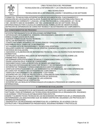 LÍNEA TECNOLÓGICA DEL PROGRAMA
TECNOLOGÍAS DE LA INFORMACIÓN Y LAS COMUNICACIONES GESTIÓN DE LA
Modelo de
Mejora
RED TECNOLÓGICA
TECNOLOGÍAS DE LA INFORMACIÓN, DISEÑO Y DESARROLLO DE SOFTWARE
FORMATOS, TÉCNICAS PARA INTERPRETACIÓN DE DOCUMENTACIÓN, FUNCIONAMIENTO Y
OPERACIÓN DE LOS EQUIPOS INSTALADOS, PLANOS DE INSTALACIÓN (DISTRIBUCIÓN FÍSICA, DE
CONEXIONES DE CORRIENTE Y LÓGICAS), LEY DE PROTECCIÓN AL CONSUMIDOR, LEY 783 DE
1981, DECRETO 3466 DE DICIEMBRE 2 DE 1982, LICENCIAS DE USO DE SOFTWARE, REGLAS
INTERNACIONALES PARA CLÁUSULAS COMERCIALES, FORMULACIÓN DE OBSERVACIONES,
DEFINICIÓN DE DIFERENCIAS DE CARÁCTER TÉCNICO Y DE ESTÁNDARES DE CUMPLIMIENTO..
3.2. CONOCIMIENTOS DE PROCESO
INTERPRETAR DIAGNÓSTICOS DE SOLUCIONES INFORMÁTICAS.
DIFERENCIAR LOS ELEMENTOS, CÓDIGOS, CONVENCIONES, UNIDADES DE MEDIDA Y
SÍMBOLOS EMPLEADOS EN PLANOS
DISEÑAR FORMATOS DE FICHAS TÉCNICAS.
DETALLAR REFERENTES TÉCNICOS.
CONSULTAR SOBRE DESARROLLOS TECNOLÓGICOS Y DIVULGAR HERRAMIENTAS Y TÉCNICAS
DISPONIBLES EN EL CAMPO DE LA INFORMÁTICA.
ACTUALIZAR LISTA DE PROVEEDORES Y TECNOLOGÍA OFERTADA.
REALIZAR CUADRO DE COMPARACIÓN DE OFERTAS TENIENDO EN CUENTA LOS DIFERENTES
CRITERIOS DE EVALUACIÓN.
ASESORAR LA ELABORACIÓN DE REFERENTES TÉCNICOS, CON LOS RESPECTIVOS REFERENTES
NORMATIVOS.
VERIFICAR LA ELISIÓN E INCLUSIÓN DE REFERENTES Y FORMULAR AJUSTES SOBRE LOS
PARÁMETROS TÉCNICOS.
DETERMINAR ESPECIFICACIONES TÉCNICAS Y CONDICIONES PARA LA LICITACIÓN.
EXIGIR LICENCIAS EN EL PLIEGO DE CONDICIONES.
DESCRIBIR PASOS PARA LA RECEPCIÓN DE BIENES INFORMÁTICOS.
ESTABLECER DIFERENCIAS DE CARÁCTER TÉCNICO Y DE ESTÁNDARES DE CUMPLIMIENTO.
INTERPRETAR TÉRMINOS Y CONDICIONES EN DOCUMENTOS LEGALES
VERIFICAR ESPECIFICACIONES DE LAS HERRAMIENTAS INFORMÁTICAS, ASÍ COMO DIFERENCIAS
DE CARÁCTER TÉCNICO Y DE ESTÁNDARES DE CUMPLIMIENTO.
VERIFICAR FUNCIONAMIENTO DE HARDWARE Y SOFTWARE.
INTERPRETAR LAS LEYES DE PROTECCIÓN AL CONSUMIDOR PARA PERMITIR CONDICIONES
ÓPTIMAS EN LA VENTA DE BIENES Y PRESTACIÓN DE SERVICIOS.
VERIFICAR OBJETIVIDAD Y LEGALIDAD DE LAS LICENCIAS.
DILIGENCIAR FORMATOS DE ACEPTACIÓN.
INTERPRETAR LAS REGLAS INTERNACIONALES APLICABLES A PROCESOS DE COMPRA-VENTA
INTERNACIONAL.
4. CRITERIOS DE EVALUACIÓN
INTERPRETA EL DIAGNOSTICO DE NECESIDADES INFORMÁTICAS TANTO DE HARDWARE COMO
SOFTWARE, PARA DETERMINAR LAS TECNOLOGÍAS REQUERIDAS EN LA ORGANIZACIÓN, SIGUIENDO
LAS NORMAS Y PROTOCOLOS ESTABLECIDOS PARA ESTE FIN.
DISEÑA Y ELABORA FICHAS TÉCNICAS DE LAS NECESIDADES INFORMÁTICAS DE LA ORGANIZACIÓN,
DETERMINANDO LAS ADQUISICIONES QUE SE DEBEN CONTRATAR, SIGUIENDO LOS PROTOCOLOS Y
NORMAS ESTABLECIDOS.
DIAGNOSTICA LAS NECESIDADES INFORMÁTICAS DE LA EMPRESA, DE ACUERDO CON SU
ESTRUCTURA Y REQUERIMIENTOS PRESENTADOS, SIGUIENDO NORMAS Y PROTOCOLOS.
Página 9 de 3228/01/15 11:58 PM
 