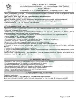 LÍNEA TECNOLÓGICA DEL PROGRAMA
TECNOLOGÍAS DE LA INFORMACIÓN Y LAS COMUNICACIONES GESTIÓN DE LA
Modelo de
Mejora
RED TECNOLÓGICA
TECNOLOGÍAS DE LA INFORMACIÓN, DISEÑO Y DESARROLLO DE SOFTWARE
*Food and restaurant: Vocabulario y habilidades comunicativas para leer y comprender la carta, hacer preguntas, ordenar
o sugerir un plato, pedir la cuenta.
-WH Questions, when, where, why, how, presente simple vs Presente Progresivo.
*Permission and request. Talking about ability.
-Modals for hability: can/can´t, Modals for permission and request: can/could, Countable and uncountable nous.
*Travel and transportaion: Vocabulario y expresiones relativas a viajes, transporte y desplazamiento.
-Past simple, Past of To Be, Past Simple vs Past Progressive.
3.2. CONOCIMIENTOS DE PROCESO
-Reconocer palabras y expresiones muy básicas que se usan habitualmente relativas a si mismo y a su entorno.
-Reconocer vocabulario técnico básico.
-Participar en una conversación de forma sencilla si el interlocutor está dispuesto a repetir lo que ha dicho o a usar un
vocabulario básico, y a reformular lo que ha intentado decir.
-Utilizar expresiones y frases sencillas para describir su entorno y relacionarse en su sitio de práctica o trabajo.
-Escribir postales cortas y sencillas y anuncios cortos.
-Llenar formularios o registros con datos personales.
-Comprender la idea principal en avisos y mensajes breves, claros y sencillos en inglés técnico.
-Leer textos muy breves y sencillos en inglés general y técnico.
-Obtener información específica y predecible en escritos sencillos y cotidianos.
-Obtener vocabulario y expresiones de inglés técnico en anuncios, folletos, páginas web, etc.
-Interactuar en tareas sencillas y habituales que requieren un intercambio simple y directo de información cotidiana y
técnica.
- Realizar intercambios sociales y prácticos muy breves,
-Describir con términos sencillos su entorno y entablar conversaciones cortas, utilizando una serie de expresiones y frases
en inglés general y técnico.
-Escribir notas y mensajes breves y sencillos relativos a sus necesidades inmediatas, mediante la utilización de un
vocabulario básico de inglés general y técnico.
4. CRITERIOS DE EVALUACIÓN
-Interpreta un texto sencillo y puede construir un mapa conceptual basado en el mismo.
-Pronuncia adecuadamente el vocabulario y modismos básicos del idioma
-Sostiene conversaciones con vocabulario básico y técnico aprendido.
-Estructura adecuadamente una opinión sobre un tema conocido de su especialidad.
-Elabora resúmenes cortos sobre textos sencillos, y con contenido técnico.
-Escribe o presenta descripciones de sí mismo, su profesión y su entorno.
-Plantea y responde preguntas sobre sí mismo.
5. PERFIL TÉCNICO DEL INSTRUCTOR
Requisitos Académicos:
Profesional en Idiomas o Lenguas Modernas, con conocimiento del idioma inglés.
Debe tener y demostrar mediante examen internacional acreditado, un nivel mínimo de C1, de acuerdo al MCER.
Página 18 de 215/07/15 09:38 PM
 