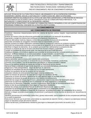 LÍNEA TECNOLÓGICA: PRODUCCIÓN Y TRANSFORMACIÓN
RED TECNOLÓGICA: TECNOLOGÍAS AGROINDUSTRIALES
RED DE CONOCIMIENTO: RED DE CONOCIMIENTO AGRÍCOLA
APLICAR TÉCNICAS DE CULTURA FÍSICA PARA EL MEJORAMIENTO DE SU EXPRESIÓN CORPORAL,
DESEMPEÑO LABORAL SEGÚN LA NATURALEZA Y COMPLEJIDAD DEL ÁREA OCUPACIONAL.
GENERAR HÁBITOS SALUDABLES EN SU ESTILO DE VIDA PARA GARANTIZAR LA PREVENCIÓN DE RIESGOS
OCUPACIONALES DE ACUERDO CON EL DIAGNÓSTICO DE SU CONDICIÓN FÍSICA INDIVIDUAL Y LA
NATURALEZA Y COMPLEJIDAD DE SU DESEMPEÑO LABORAL.
CONCERTAR ALTERNATIVAS Y ACCIONES DE FORMACIÓN PARA EL DESARROLLO DE LAS COMPETENCIAS DEL
PROGRAMA FORMACIÓN, CON BASE EN LA POLÍTICA INSTITUCIONAL.
4.6 CONOCIMIENTOS
4.6.1 CONOCIMIENTOS DE PROCESO
Establecer relaciones interpersonales dentro de criterios de libertad, justicia, respeto, responsabilidad, tolerancia y
solidaridad.
Analizar de manera crítica las situaciones pertinentes que contribuyen a la resolución de problemas.
Argumentar y acoger los criterios que contribuyen a la resolución de problemas
Proponer alternativas creativas, lógicas y coherentes que posibiliten la resolución de problemas
Desarrollar actividades de autogestión orientadas hacia el mejoramiento personal
Abordar procesos de trabajo colaborativo orientados hacia la construcción colectiva en contextos sociales y productivos.
Armonizar los componentes racionales y emocionales en el desarrollo de los procesos de trabajo colectivo.
Identificar e integrar los elementos de su contexto que le permiten redimensionar su proyecto de vida.
Vivenciar su proyecto de vida en el marco del Desarrollo Humano Integral y sustentable.
Facilitar los procesos de comunicación entre los miembros de la comunidad educativa.
Establecer procesos comunicativos asertivos que posibiliten la convivencia en los contextos social y productivo
Resolver conflictos mediante el uso de la racionalidad, la argumentación y la asertividad.
Establecer acuerdos mediante el uso de procesos comunicativos, racionales y argumentados orientados hacia la
resolución de problemas.
Aportar elementos para la construcción colectiva del conocimiento
Optimizar los recursos requeridos en el desarrollo de sus actividades formativas y productivas.
Contribuir en el cuidado y uso de los elementos que integran su entorno formativo y laboral.
Disponer los residuos teniendo en cuenta las normas de clasificación de los mismos.
Mantener limpio y ordenado el lugar donde desarrolla sus actividades formativas y productivas
Diligenciar la ficha antropométrica según las técnicas de valoración.
Registrar los resultados del test de acuerdo con los formatos establecidos.
Analizar los resultados del test de acuerdo con los baremos.
Interpretar métodos de entrenamiento físico según sistemas establecidos.
Definir los tiempos de aplicación de cada ejercicio según los resultados del test.
Determinar el número de series y repeticiones de cada ejercicio según el resultado del test.
Establecer los tiempos de pausas de acuerdo a los métodos de entrenamiento.
Interpretar las cargas de trabajo ergonómicas y psicosociales según la naturaleza del desempeño laboral
Determinar los ejercicios específicos para la prevención del riesgo ergonómico y psicosocial.
Seleccionar los elementos, materiales, equipos e implementos según el plan de acondicionamiento físico.
Aplicar el plan de acondicionamiento físico según el diagnóstico establecido.
Analizar las ventajas de la actividad física en la dimensión Biopsicosocial según su criterio.
Interpretar los beneficios que se adquieren para su rendimiento en el desempeño laboral.
Organizar actividades orientadas al desarrollo de programas recreodeportivos según las necesidades de su entorno.
Ejecutar e integrar acciones encaminadas a la promoción y participación en los eventos de acuerdo con las políticas de
bienestar.
Identificar las técnicas de coordinación motriz fina y gruesa relacionadas para el desarrollo de las competencias definidas
en su perfil ocupacional.
Seleccionar técnicas que le permitan potencializar su capacidad de reacción mental, y mejorar sus destrezas motoras
según la naturaleza propia del entorno laboral.
Valorar las técnicas y procedimientos necesarios para lograr su desempeño psicomotriz de acuerdo con el
Página 29 de 391/07/14 09:18 AM
 
