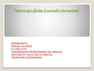 Factores que afectan el mercado internacional
INTEGRANTE:
MIGUEL ALVAREZ
CI:25617737
UNIVERSIDAD BICENTENARIA DE ARAGUA
SECCION P1 VALLE DE LA PASCUA
TRIMESTRE CONTADURIA
 
