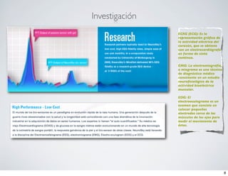 Investigación
                ECKG (ECG): Es la
                representación gráﬁca de
                la actividad eléctrica del
                corazón, que se obtiene
                con un electrocardiógrafo
                en forma de cinta
                continua.

                EMG: La electromiografía,
                o miograma es una técnica
                de diagnóstico médico
                consistente en un estudio
                neuroﬁsiológico de la
                actividad bioeléctrica
                muscular.

                EOG: El
                electrooculograma es un
                examen que consiste en
                colocar pequeños
                electrodos cerca de los
                músculos de los ojos para
                medir el movimiento de
                éstos.




                                             8
 