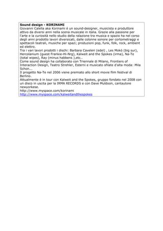 Sound design - KORINAMI
Giovanni Calella aka Korinami è un sound-designer, musicista e produttore
attivo da diversi anni nella scena musicale in italia. Grazie alla passione per
l'arte e la curiosità nello studio della ralazione tra musica e spazio ha nel corso
degli anni prodotto lavori diversicati, dalle colonne sonore per cortometraggi e
spettacoli teatrali, musiche per spazi; produzioni pop, funk, folk, rock, ambient
ed elettro.
Tra i vari lavori prodotti i dischi: Barbara Caveleri (edel) , Les Mokò (big sur),
Hercolanium (guest Frankie-Hi-Nrg), Kalweit and the Spokes (irma), Na-Te
(total wipes), Ray (minus habbens ),etc..
Come sound design ha collaborato con Triennale di Milano, Frontiers of
Interaction Design, Teatro Strehler, Esterni e musicato sfilate d'alta moda: Mila
Schon...
Il progetto Na-Te nel 2006 viene premiato allo short movie film festival di
Berlino.
Attualmente è in tour con Kalweit and the Spokes, gruppo fondato nel 2008 con
un disco in uscita per la IRMA RECORDS e con Dave Muldoon, cantautore
newyorkese.
http://www.myspace.com/korinami
http://www.myspace.com/kalweitandthespokes
 