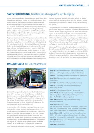 LINIE 6 | BUCHSTABENLEHRE                        9



TAKTVERDICHTUNG: Traditionsbruch zugunsten der Fahrgäste
Zu den traditionsreichsten Linien im hiesigen öffentlichen Nah-    kommen gegenüber dem Rest des Jahres“, erklärt Dr. Martin
verkehr zählt ohne jeden Zweifel die Linie 6 – schon anno 1929,    Pächer, Leiter der Verkehrsplanung bei ESWE Verkehr; „diesem
damals noch im Zeitalter der Straßenbahn, bezeichnete die          Aufkommensplus werden wir mit der neuen Taktverdichtung
Nummer 6 eine Verbindung zwischen Wiesbaden und Mainz.             nun gerecht.“
Zur Tradition der Buslinie 6, der dienstältesten Gemeinschafts-
                                                                   Gefragt nach den Ursachen des verstärkten Fahrgastzuspruchs
linie von ESWE Verkehr und Mainzer Verkehrsgesellschaft
                                                                   gerade in der Zeitspanne von Mitte Oktober bis Mitte Dezember
(MVG), zählt seit vielen, vielen Jahren der Zehn-Minuten-Takt.
                                                                   nennt Dr. Pächer drei Hauptgründe: zum ersten den Semester-
Diese Tradition wird im Herbst 2011 nun erstmals gebrochen –
                                                                   beginn an der Mainzer Universität, zum zweiten die erhöhte
zugunsten der Fahrgäste, versteht sich.
                                                                   Zahl von Radfahrern, die zu dieser Jahreszeit zumindest einen
Aufgrund des konstant hohen Fahrgastzuspruchs verkehren die        Teil ihrer Fahrtstrecke per Bus zurücklegen, und drittens die vor-
6er-Busse ab dem 24. Oktober, dem ersten Schultag nach den         weihnachtliche Einkaufszeit, die die „Weihnachts-Shopper“ und
hessischen Herbstferien, in einem 7,5-Minuten-Takt. Statt stünd-   Weihnachtsmarktbesucher aus Mainz wie auch aus Wiesbaden
lich sechs Bussen verbinden dann also acht Busse je Stunde die     häuﬁg auf die jeweils andere Rheinseite lockt.
beiden Landeshauptstädte auf der Linie 6 miteinander – und
                                                                   Auf die „auch hier wieder reibungslose Zusammenarbeit mit
zwar unter der Woche zwischen circa 7 und circa 19 Uhr. Die
                                                                   den Kollegen von der MVG“ weist Verkehrsplanungschef Martin
Taktverdichtung wird etwa zwei Monate andauern; sie endet
                                                                   Pächer abschließend hin – um dann zudem noch einen Blick in
am 21. Dezember, dem letzten Schultag vor den rheinland-pfäl-
                                                                   die Zukunft zu wagen: Denn daran, dass die Taktverdichtung
zischen Weihnachtsferien. „Gerade in den Wochen zwischen
                                                                   erfolgreich verlaufen wird, gibt es so wenig Zweifel, dass der „Tra-
dem Ende der Herbst- und dem Beginn der Weihnachtsferien
                                                                   ditionsbruch“ auch für den Herbst 2012 bereits fest eingeplant ist.
verzeichnen wir seit Jahren konstant ein erhöhtes Fahrgastauf-



DAS ALPHABET der Liniennummern

                                                                     Linie 3B = Fahrtwegabweichung ··> Brunhildenstraße
                                                                     Linie 6A = Fahrtwegabweichung ··> Albert-Stohr-Straße
                                                                     Linie 8B = Fahrtweg- und Fahrtzielabweichung ··> Bahnholz
                                                                     Linie 15D = Fahrtweg- und Fahrtzielabweichung ··>
                                                                     Delkenheim
                                                                     Linie 16H = Fahrtzielabweichung ··> Hofgartenplatz
                                                                     Linie 17 F = Fahrtweg- und Fahrtzielabweichung ··>
                                                                     Anne-Frank-Straße
                                                                     Linie 21 T = Fahrtwegabweichung ··> Tannenring
Die Bezeichnung, also der „Name“ einer Buslinie besteht aus
                                                                     Linie 24 W/S = Fahrtwegabweichung ··> Wolfsfeld bzw.
einer Zahl – normalerweise. Hin und wieder wird jedoch
                                                                     Schelmengraben; außerdem Fahrtrichtungshinweis
der Liniennummer ein Buchstabe hinzugefügt, um so dem
                                                                     (W ··> Wolfsfeld, S ··> Schelmengraben)
Fahrgast eine Zusatzinformation zu liefern. Im Lauf der Jahre
hat sich auf diese Weise ein regelrechtes „Linienalphabet“           Linie 27B = Fahrtweg- und Fahrtzielabweichung ··>
herausgebildet, das an dieser Stelle einmal näher unter die          Berufsschulzentrum
INFOMOBIL-Lupe genommen werden soll.                                 Linie 30P = Fahrtziel ··> Platte
                                                                     Die Linie 30P ist der sogenannte „Ski-Express“. Dessen Pen-
In den meisten Fällen steht der Buchstabe hinter der Linien-
                                                                     dant, den „Fahrrad-Express“ (Linie 30), gibt es mittlerweile
nummer. Dort gibt er Auskunft über eine geänderte Fahrt-
                                                                     nicht mehr. Früher hießen die beiden Linien 50 und 50P.
strecke, die vom Linienweg der buchstabenlosen „Hauptlinie“
abweicht, und/oder über ein geändertes Fahrtziel, das nicht          Linien 33A und 33B = Fahrtziel- und Fahrtwegabweichung
der Endhaltestelle der buchstabenlosen „Hauptlinie“ ent-             (33A ··> ELW-Entsorgungsbetriebe, das A steht für „Abge-
spricht. Nur in zwei Fällen steht der Buchstabe vor der Linien-      wandelter Linienweg“; 33B wie Linie 3B ··> Brunhildenstraße)
nummer: Das „E“ bezeichnet Einsatzwagen, die zusätzlich zu           Linie 39F = Fahrtweg- und Fahrtzielabweichung ··>
den regulär im Fahrplan verzeichneten Fahrten verkehren;             Friedhof Biebrich
und das „N“ ist das Kürzel für die Nightliner-Nachtbusse.
                                                                     Linie 48X = Expressbus
Doch nun im Detail zur Entschlüsselung des „Linienalphabets“:
 