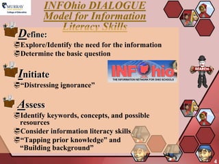 INFOhio DIALOGUE
         Model for Information
            Literacy Skills
 Define:
Explore/Identify the need for the information
Determine the basic question

 Initiate
“Distressing ignorance”

 Assess
Identify keywords, concepts, and possible
 resources
Consider information literacy skills
“Tapping prior knowledge” and
 “Building background”
                                                 4
 