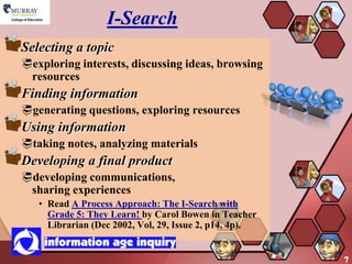 I-Search
Selecting a topic
exploring interests, discussing ideas, browsing
 resources
Finding information
generating questions, exploring resources
Using information
taking notes, analyzing materials
Developing a final product
developing communications,
 sharing experiences
   • Read A Process Approach: The I-Search with
     Grade 5: They Learn! by Carol Bowen in Teacher
     Librarian (Dec 2002, Vol, 29, Issue 2, p14, 4p).


                                                        7
 