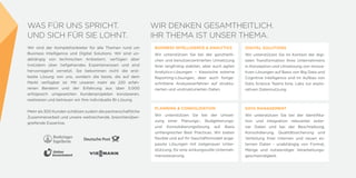 WAS FÜR UNS SPRICHT.
UND SICH FÜR SIE LOHNT.
Wir sind der Komplettanbieter für alle Themen rund um
Business Intelligence und Digital Solutions. Wir sind un-
abhängig von technischen Anbietern, verfügen aber
trotzdem über tiefgehendes Expertenwissen und sind
hervorragend vernetzt. Sie bekommen nicht die erst-
beste Lösung von uns, sondern die beste, die auf dem
Markt verfügbar ist. Mit unseren mehr als 220 erfah-
renen Beratern und der Erfahrung aus über 5.000
erfolgreich umgesetzten Kundenprojekten konzipieren,
realisieren und betreuen wir Ihre individuelle BI-Lösung.
Mehr als 300 Kunden schätzen zudem die partnerschaftliche
Zusammenarbeit und unsere weitreichende, branchenüber-
greifende Expertise.
BUSINESS INTELLIGENCE & ANALYTICS
Wir unterstützen Sie bei der ganzheitli-
chen und benutzerzentrierten Umsetzung
Ihrer langfristig stabilen, aber auch agilen
Analytics-Lösungen – klassische externe
Reporting-Lösungen, aber auch fortge-
schrittene Analyseverfahren auf struktu-
rierten und unstrukturierten Daten.
DIGITAL SOLUTIONS
Wir unterstützen Sie im Kontext der digi-
talen Transformation Ihres Unternehmens
in Konzeption und Umsetzung von innova-
tiven Lösungen auf Basis von Big Data und
Cognitive Intelligence und im Aufbau von
Data Science Teams bzw. Labs zur explo-
rativen Datennutzung.
PLANNING & CONSOLIDATION
Wir unterstützen Sie bei der Umset-
zung einer Planungs-, Budgetierungs-
und Konsolidierungslösung auf Basis
umfangreicher Best Practices. Wir bieten
flexible und auf Ihr Geschäftsmodell ange-
passte Lösungen mit zielgenauer Unter-
stützung, für eine wirkungsvolle Unterneh-
menssteuerung.
DATA MANAGEMENT
Wir unterstützen Sie bei der Identifika-
tion und Integration relevanter exter-
ner Daten und bei der Beschreibung,
Konsolidierung, Qualitätssicherung und
Verteilung Ihrer internen und neuen ex-
ternen Daten - unabhängig von Format,
Menge und notwendiger Verarbeitungs-
geschwindigkeit.
WIR DENKEN GESAMTHEITLICH.
IHR THEMA IST UNSER THEMA.
 