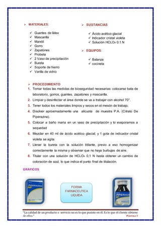 “La calidad de un producto o servicio no es lo que pusiste en él. Es lo que el cliente obtiene
de ellos.” Página2
 MATERIALES:
 Guantes de látex
 Mascarilla
 Mandil
 Gorro
 Zapatones
 Probeta
 2 Vaso de precipitación
 Bureta
 Soporte de hierro
 Varilla de vidrio
 SUSTANCIAS
 Ácido acético glacial
 Indicador cristal violeta
 Solución HCLO4 0.1 N
 EQUIPOS:
 Balanza
 cocineta
 PROCEDIMIENTO
1. Tomar todas las medidas de bioseguridad necesarias: colocarse bata de
laboratorio, gorros, guantes, zapatones y mascarilla.
2. Limpiar y desinfectar el área donde se va a trabajar con alcohol 70°.
3. Tener todos los materiales limpios y secos en el mesón de trabajo.
4. Disolver aproximadamente una alícuota de muestra P.A. (Citrato De
Piperazina).
5. Colocar a baño maria en un vaso de precipitación y lo evaporamos a
sequedad
6. Mezclar en 40 ml de ácido acético glacial, y 1 gota de indicador cristal
violeta se agita
7. Llenar la bureta con la solución titilante, previo a eso homogenizar
correctamente la misma y observar que no haya burbujas de aire.
8. Titular con una solución de HCLO4 0,1 N hasta obtener un cambio de
coloración de azul, lo que indica el punto final de titulación.
GRÁFICOS
FORMA
FARMACEUTICA
LIQUIDA
 