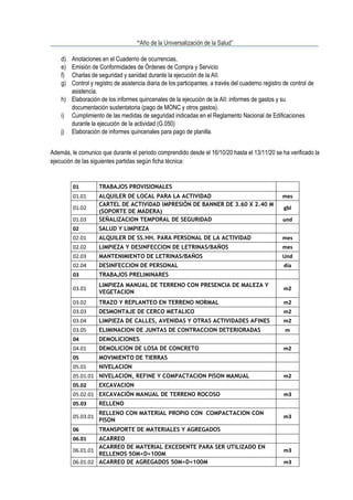 “Año de la Universalización de la Salud”
d) Anotaciones en el Cuaderno de ocurrencias,
e) Emisión de Conformidades de Órdenes de Compra y Servicio
f) Charlas de seguridad y sanidad durante la ejecución de la AII.
g) Control y registro de asistencia diaria de los participantes, a través del cuaderno registro de control de
asistencia.
h) Elaboración de los informes quincenales de la ejecución de la AII: informes de gastos y su
documentación sustentatoria (pago de MONC y otros gastos).
i) Cumplimiento de las medidas de seguridad indicadas en el Reglamento Nacional de Edificaciones
durante la ejecución de la actividad (G.050)
j) Elaboración de informes quincenales para pago de planilla.
Además, le comunico que durante el periodo comprendido desde el 16/10/20 hasta el 13/11/20 se ha verificado la
ejecución de las siguientes partidas según ficha técnica:
01 TRABAJOS PROVISIONALES
01.01 ALQUILER DE LOCAL PARA LA ACTIVIDAD mes
01.02
CARTEL DE ACTIVIDAD IMPRESIÓN DE BANNER DE 3.60 X 2.40 M
(SOPORTE DE MADERA)
gbl
01.03 SEÑALIZACION TEMPORAL DE SEGURIDAD und
02 SALUD Y LIMPIEZA
02.01 ALQUILER DE SS.HH. PARA PERSONAL DE LA ACTIVIDAD mes
02.02 LIMPIEZA Y DESINFECCION DE LETRINAS/BAÑOS mes
02.03 MANTENIMIENTO DE LETRINAS/BAÑOS Und
02.04 DESINFECCION DE PERSONAL día
03 TRABAJOS PRELIMINARES
03.01
LIMPIEZA MANUAL DE TERRENO CON PRESENCIA DE MALEZA Y
VEGETACION
m2
03.02 TRAZO Y REPLANTEO EN TERRENO NORMAL m2
03.03 DESMONTAJE DE CERCO METALICO m2
03.04 LIMPIEZA DE CALLES, AVENIDAS Y OTRAS ACTIVIDADES AFINES m2
03.05 ELIMINACION DE JUNTAS DE CONTRACCION DETERIORADAS m
04 DEMOLICIONES
04.01 DEMOLICION DE LOSA DE CONCRETO m2
05 MOVIMIENTO DE TIERRAS
05.01 NIVELACION
05.01.01 NIVELACION, REFINE Y COMPACTACION PISON MANUAL m2
05.02 EXCAVACION
05.02.01 EXCAVACIÓN MANUAL DE TERRENO ROCOSO m3
05.03 RELLENO
05.03.01
RELLENO CON MATERIAL PROPIO CON COMPACTACION CON
PISON
m3
06 TRANSPORTE DE MATERIALES Y AGREGADOS
06.01 ACARREO
06.01.01
ACARREO DE MATERIAL EXCEDENTE PARA SER UTILIZADO EN
RELLENOS 50M<D<100M
m3
06.01.02 ACARREO DE AGREGADOS 50M<D<100M m3
 